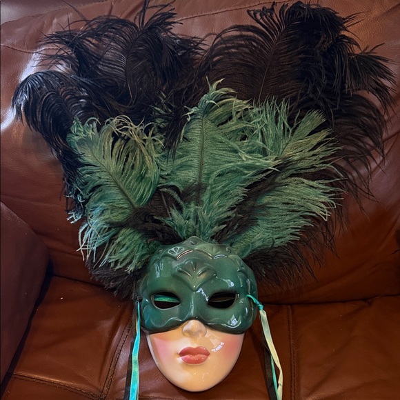 None Other - Elegant Green and Black Feathered Mask